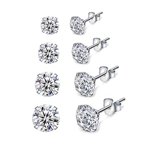 Shuxin Silver Stud Earrings for Women, 4 Pairs 925 Sterling Silver Cubic Zirconia Stud Earrings Set, Hypoallergenic Small Sleeper Cartilage Studs, with Clear 5A Cubic Zirconia, Size: 3, 4, 5, 6mm