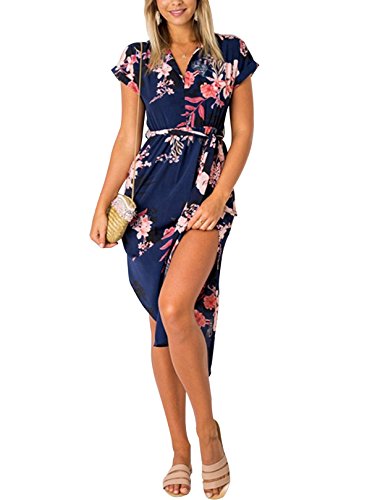 YOINS Women V Neck Dress Floral Print Short Sleeve Midi Dress Summer Casual Split Dress