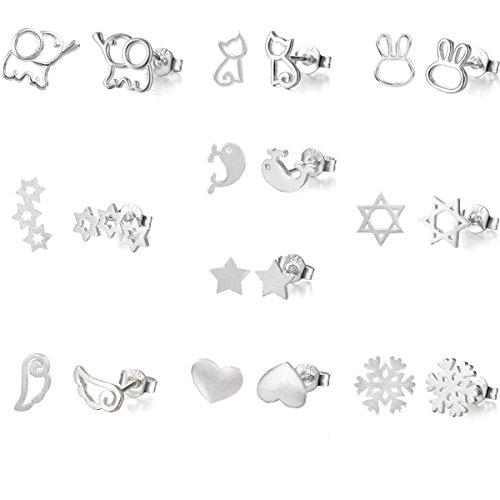 10 Pairs Silver Plated Post Cute Animal Fruit Stud Earrings Set Hypo-Allergenic (elephant stars snow cat love)